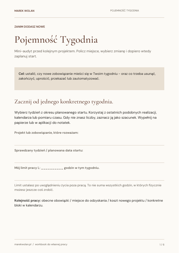 Pierwsza strona workbooka Pojemność Tygodnia — mini-audyt przed kolejnym projektem